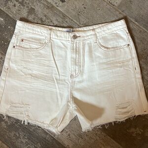 Distressed Cream Denim Shorts